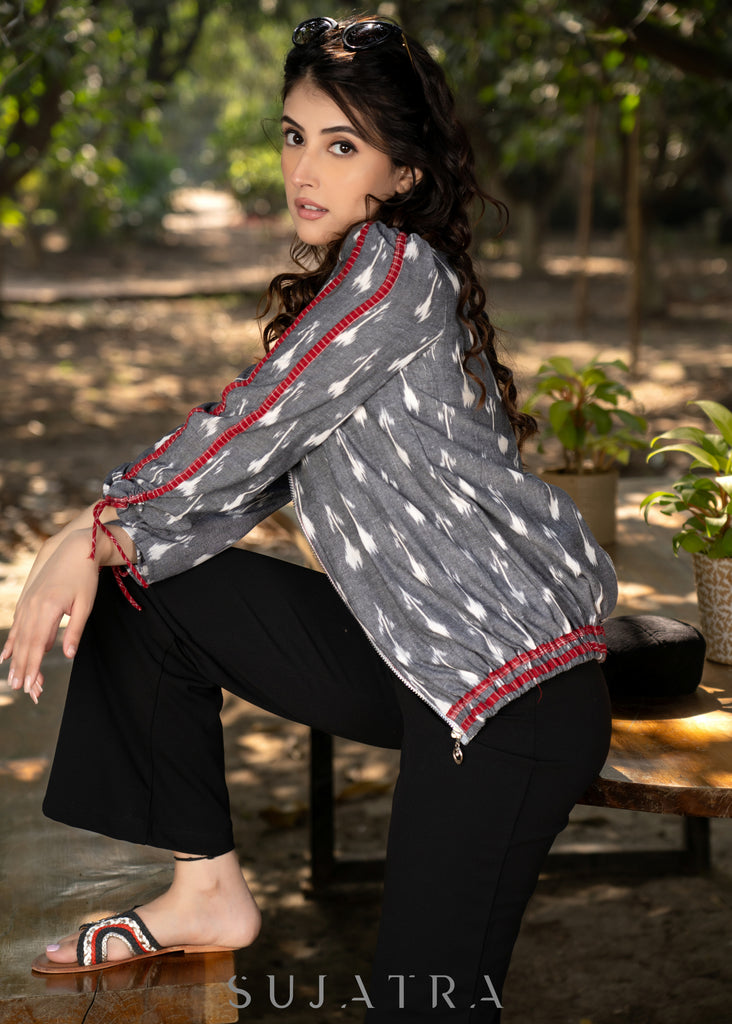 Stylish grey cotton ikat bomber jacket with red highlights