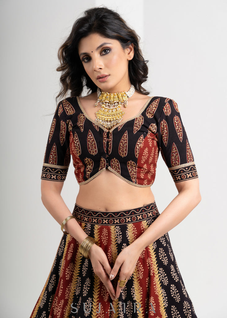 Black & Maroon  Block printed Cotton Ajrakh Embroidered Lehenga with Georgette Dupatta