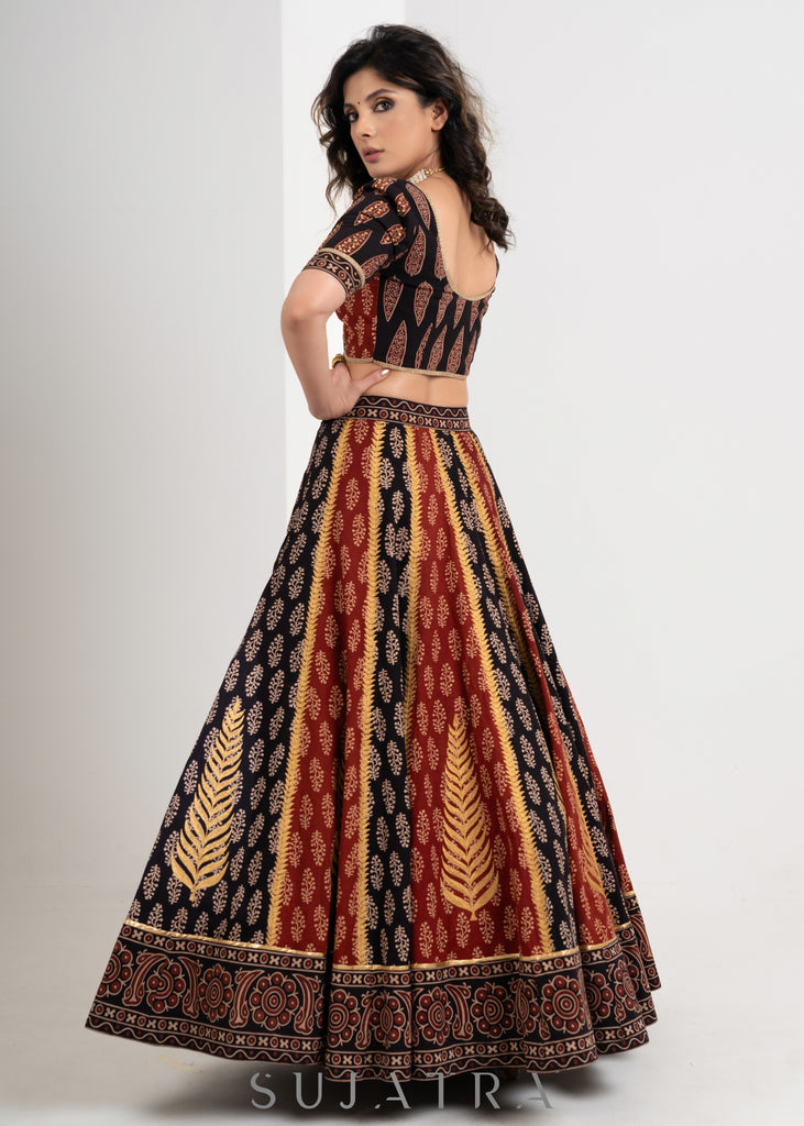 Black & Maroon  Block printed Cotton Ajrakh Embroidered Lehenga with Georgette Dupatta