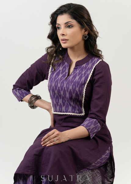 Purple Cotton Ikkat Yoke Kurta - Pant Optional