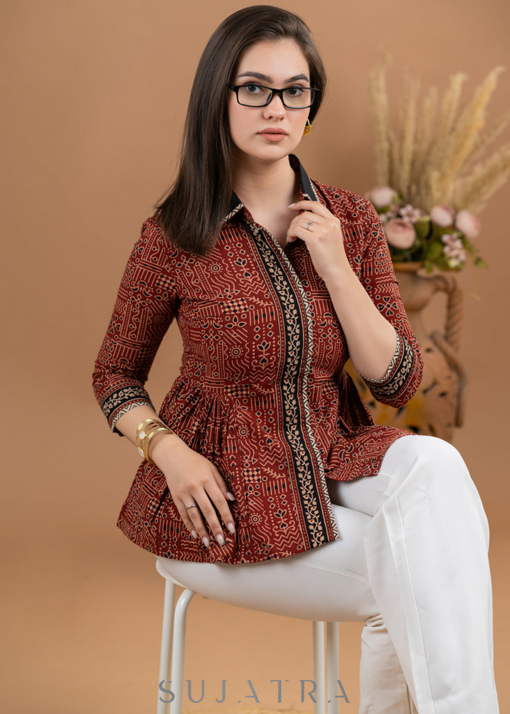 Beautiful Maroon cotton Ajrakh peplum style combination shirt