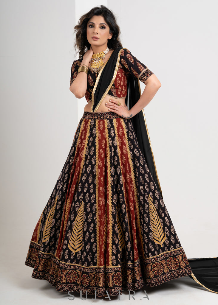 Black & Maroon  Block printed Cotton Ajrakh Embroidered Lehenga with Georgette Dupatta