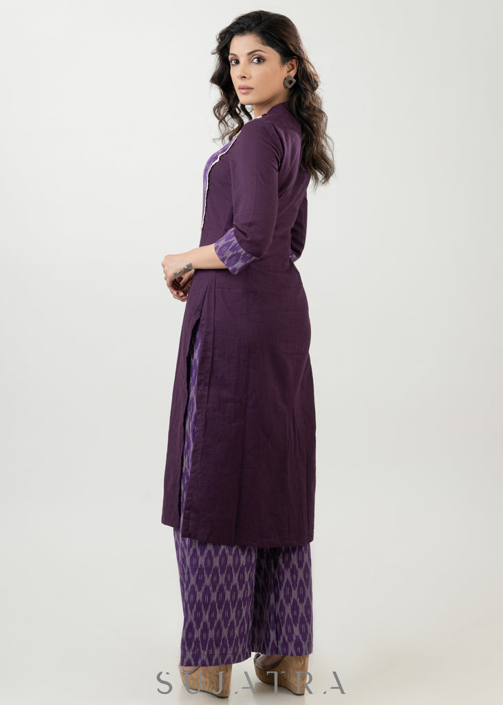 Purple Cotton Ikkat Yoke Kurta - Pant Optional