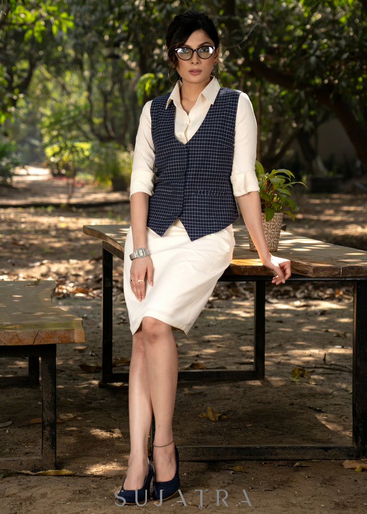 Elegant navy blue checkered cotton formal waistcoat with optional formal skirt