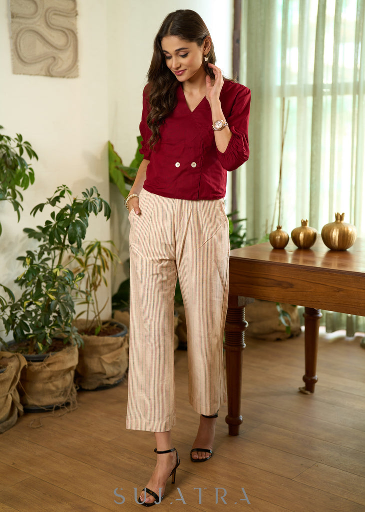 Smart maroon rayon crossover pattern top with puff sleeves - Contrast striped pant Optional