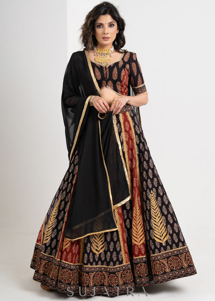 Black & Maroon  Block printed Cotton Ajrakh Embroidered Lehenga with Georgette Dupatta