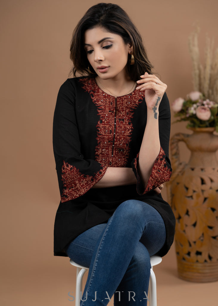 Smart Black Cotton Ajrakh Applique work Top