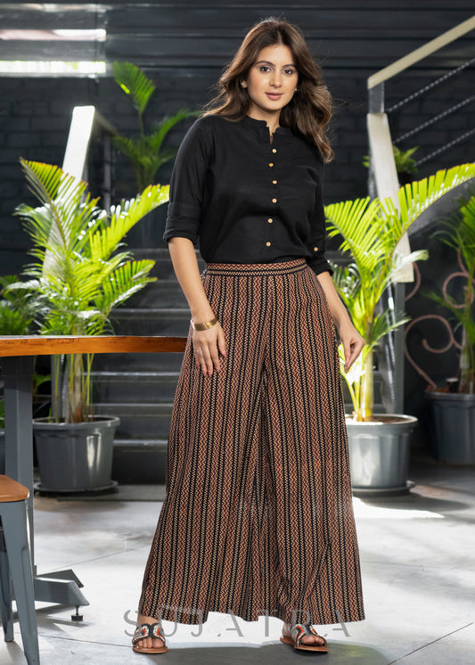 Classy Zig Zag Ajrakh Flared Pants Black Shirt Optional
