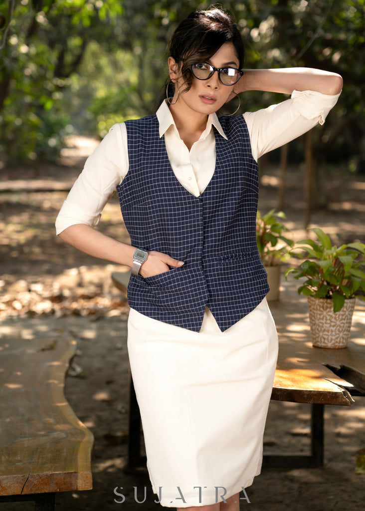 Elegant navy blue checkered cotton formal waistcoat with optional formal skirt