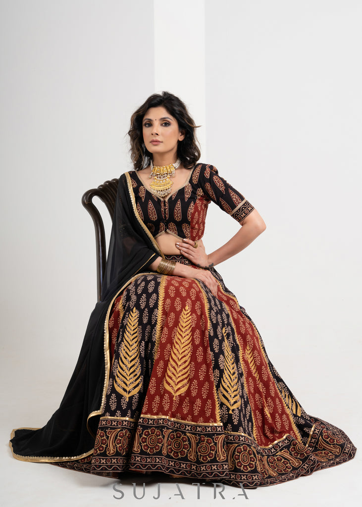 Black & Maroon  Block printed Cotton Ajrakh Embroidered Lehenga with Georgette Dupatta