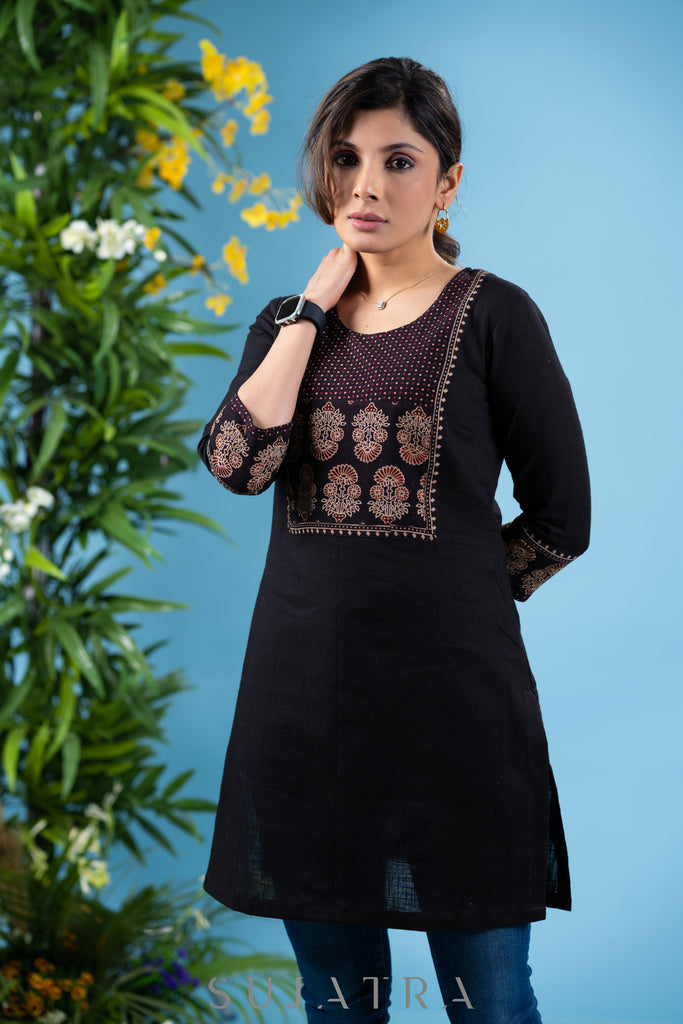 Elegant black cotton tunic with highighted ajrakh combination yoke