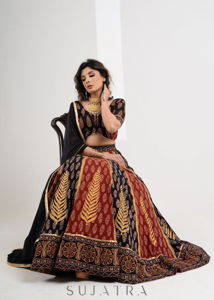 Black & Maroon  Block printed Cotton Ajrakh Embroidered Lehenga with Georgette Dupatta