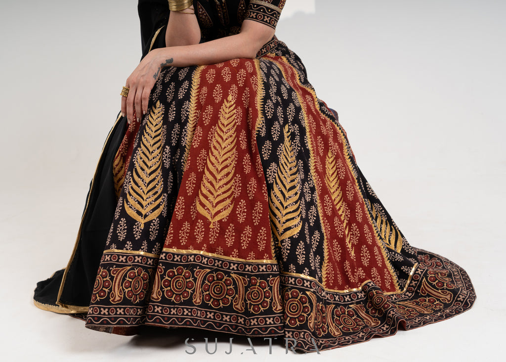 Black & Maroon  Block printed Cotton Ajrakh Embroidered Lehenga with Georgette Dupatta