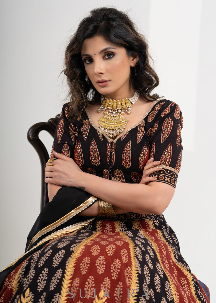 Black & Maroon  Block printed Cotton Ajrakh Embroidered Lehenga with Georgette Dupatta