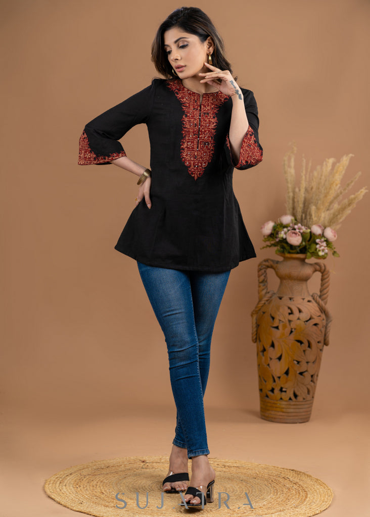 Smart Black Cotton Ajrakh Applique work Top