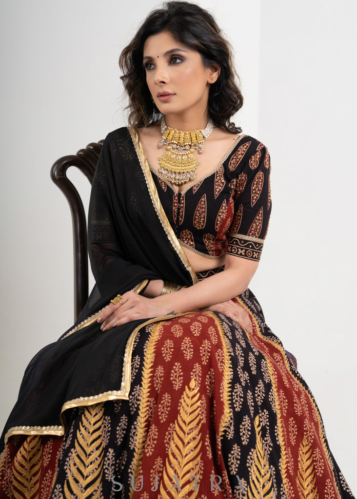 Black & Maroon  Block printed Cotton Ajrakh Embroidered Lehenga with Georgette Dupatta