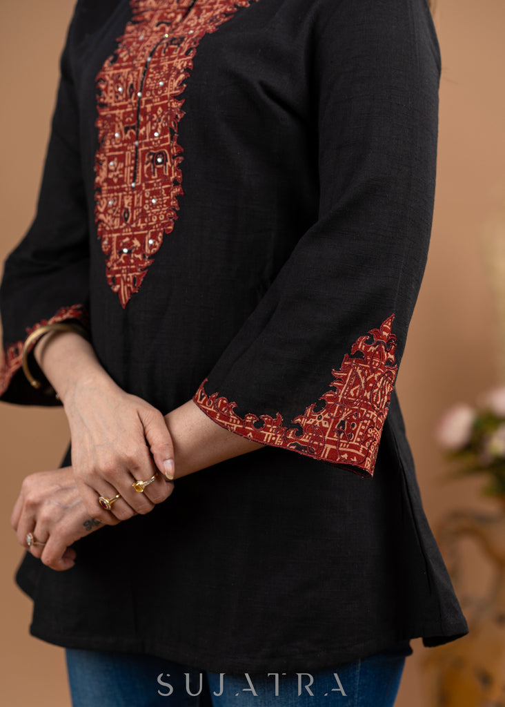 Smart Black Cotton Ajrakh Applique work Top