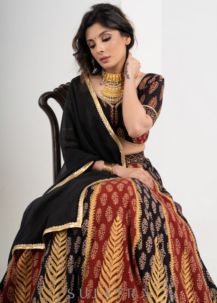 Black & Maroon  Block printed Cotton Ajrakh Embroidered Lehenga with Georgette Dupatta