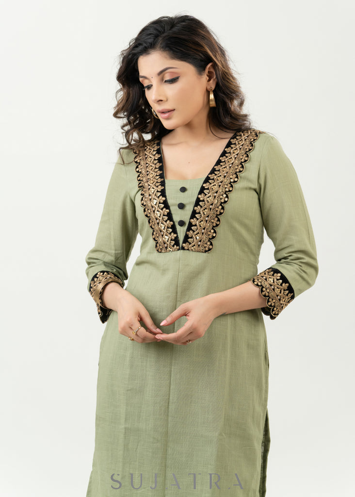 Pale Pista Cotton Kurta With Embroidered Lace In The Yoke - Pant Optional