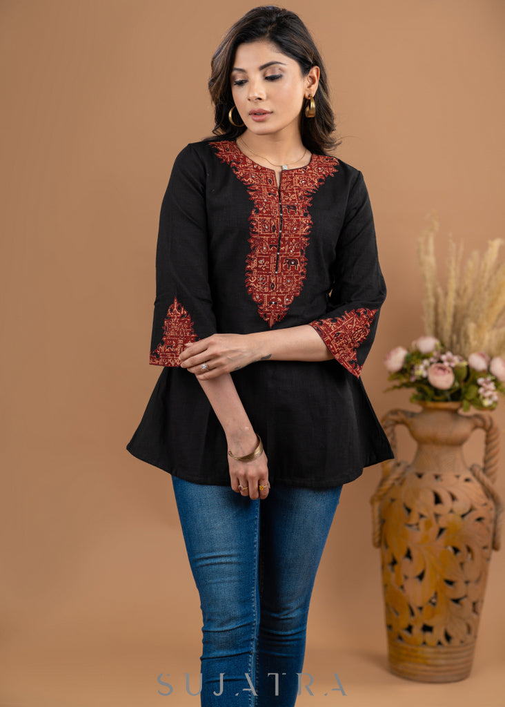 Smart Black Cotton Ajrakh Applique work Top