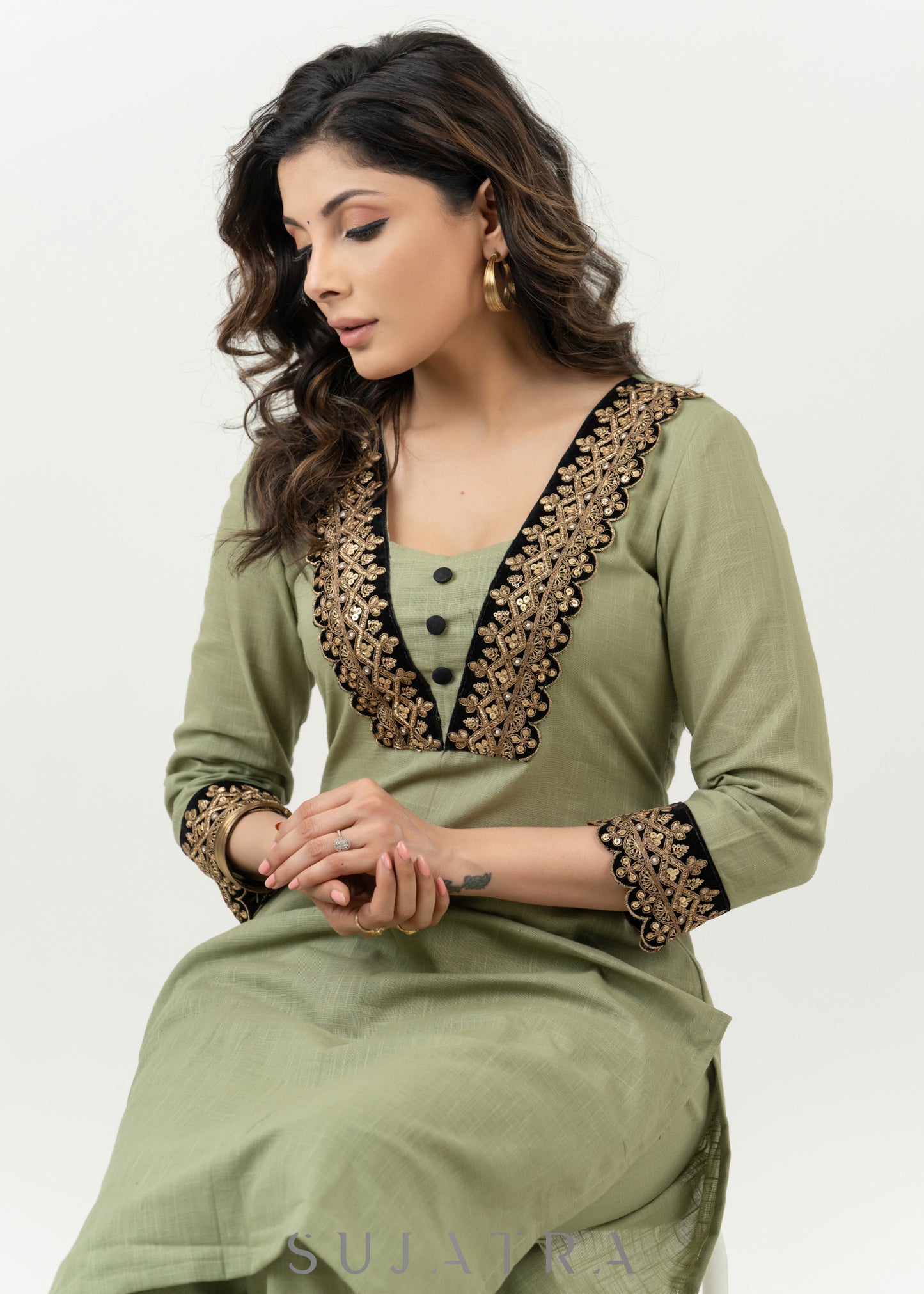 Pale Pista Cotton Kurta With Embroidered Lace In The Yoke - Pant Optional