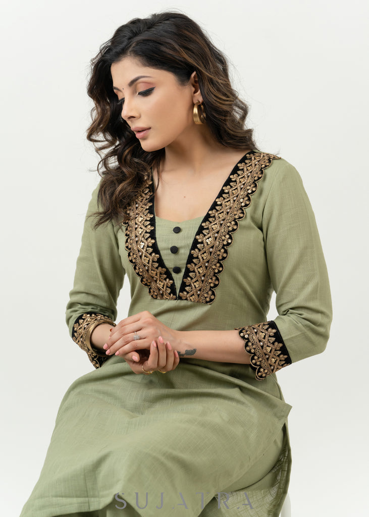 Pale Pista Cotton Kurta With Embroidered Lace In The Yoke - Pant Optional