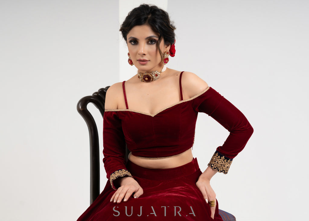 Elegant Maroon Velvet Lehenga with Delicate Border