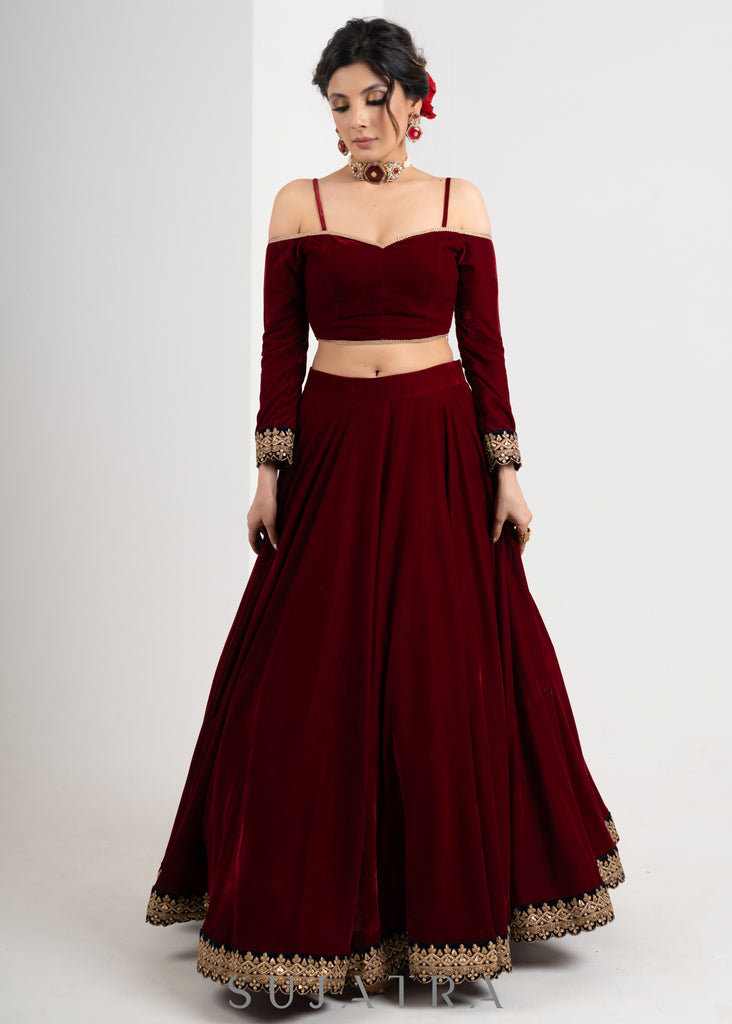 Elegant Maroon Velvet Lehenga with Delicate Border