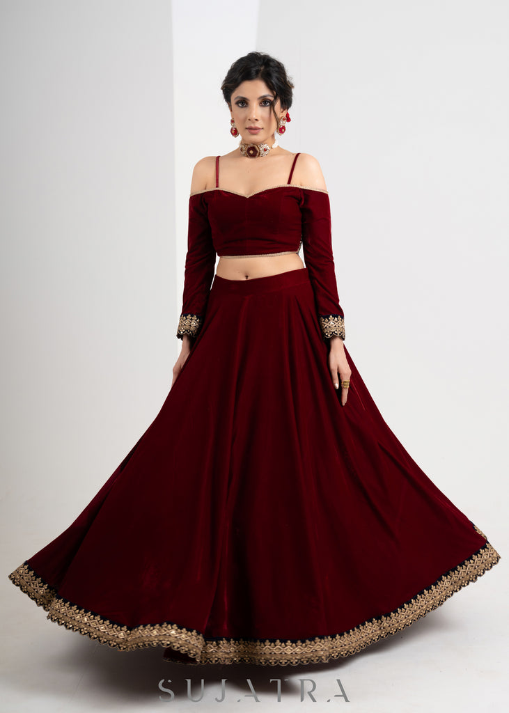 Elegant Maroon Velvet Lehenga with Delicate Border