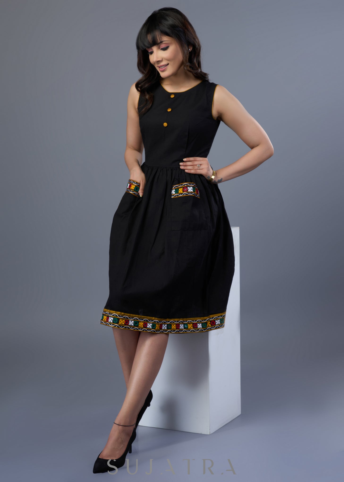 Beautiful Black Cotton Dress With Kutch Mirror Work Pocket – Sujatra