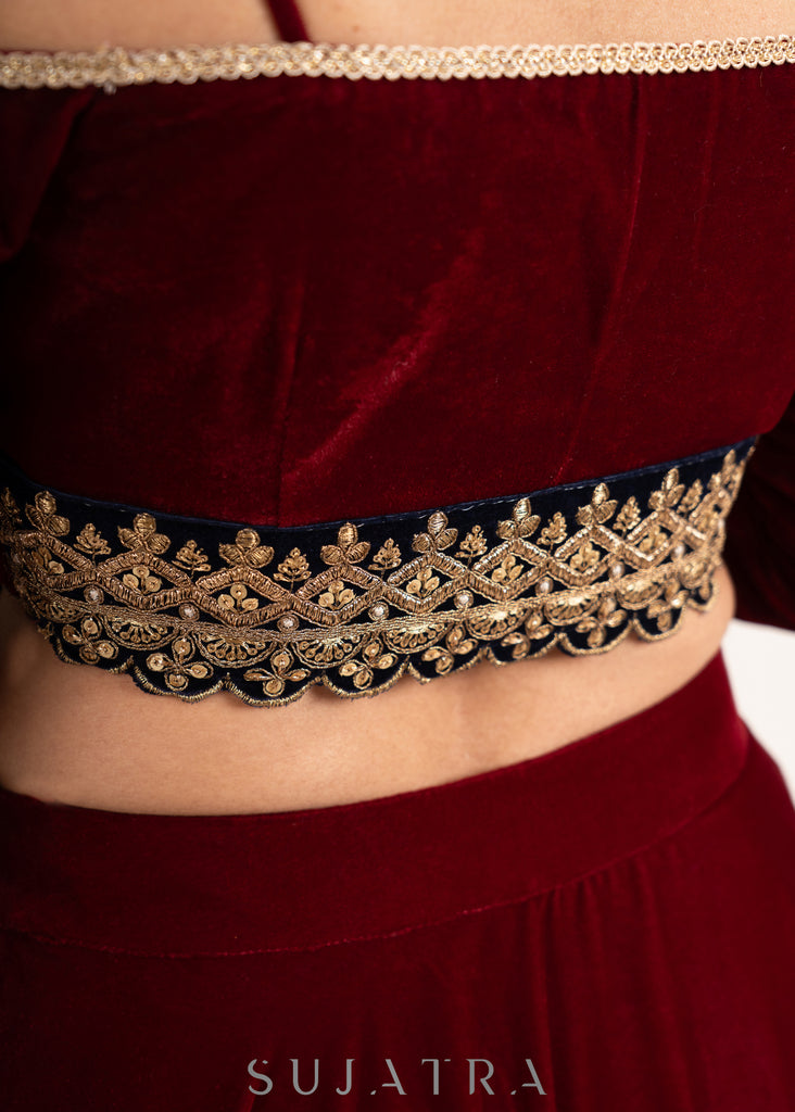 Elegant Maroon Velvet Lehenga with Delicate Border