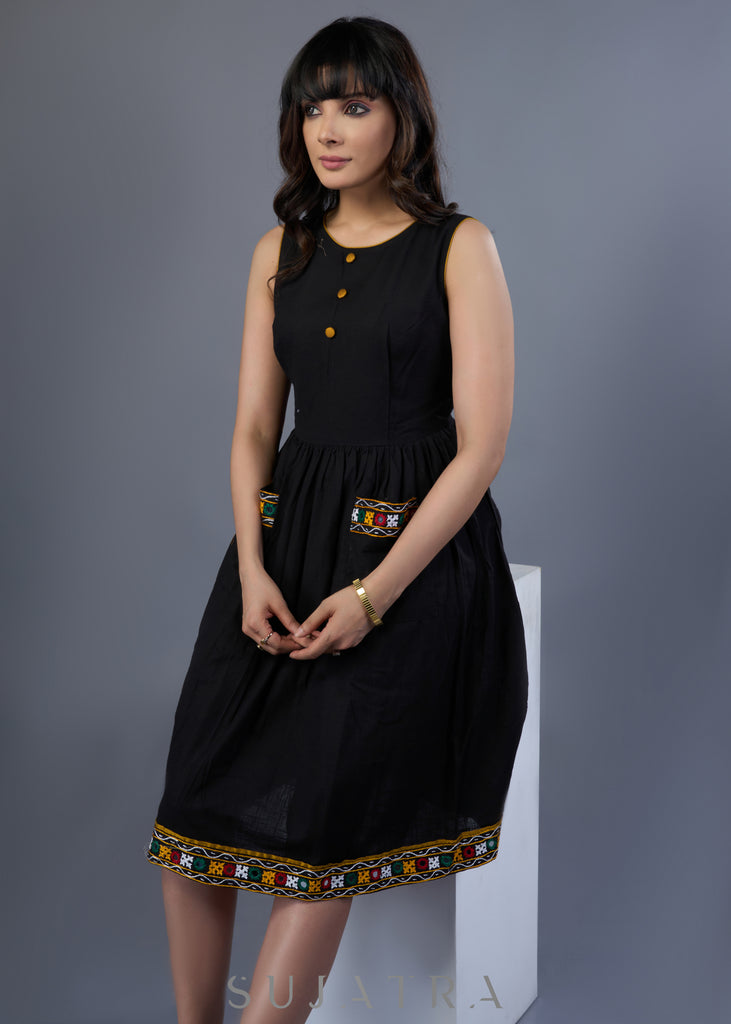 Beautiful Black Cotton Dress With Kutch Mirror Work Pocket