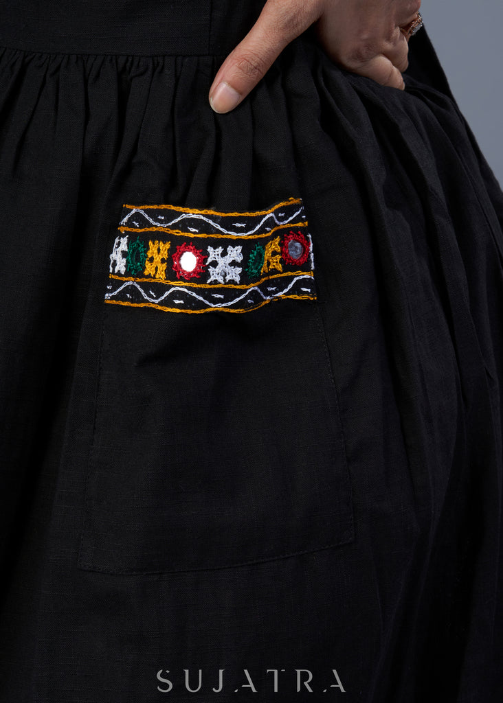 Beautiful Black Cotton Dress With Kutch Mirror Work Pocket