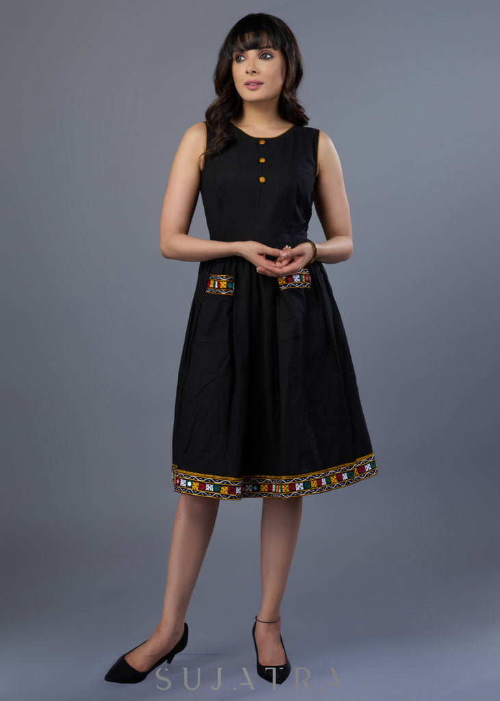 Beautiful Black Cotton Dress With Kutch Mirror Work Pocket