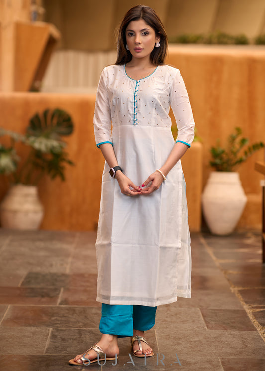 Elegant White chanderi kurta with gold sequence & blue detaling pant optional