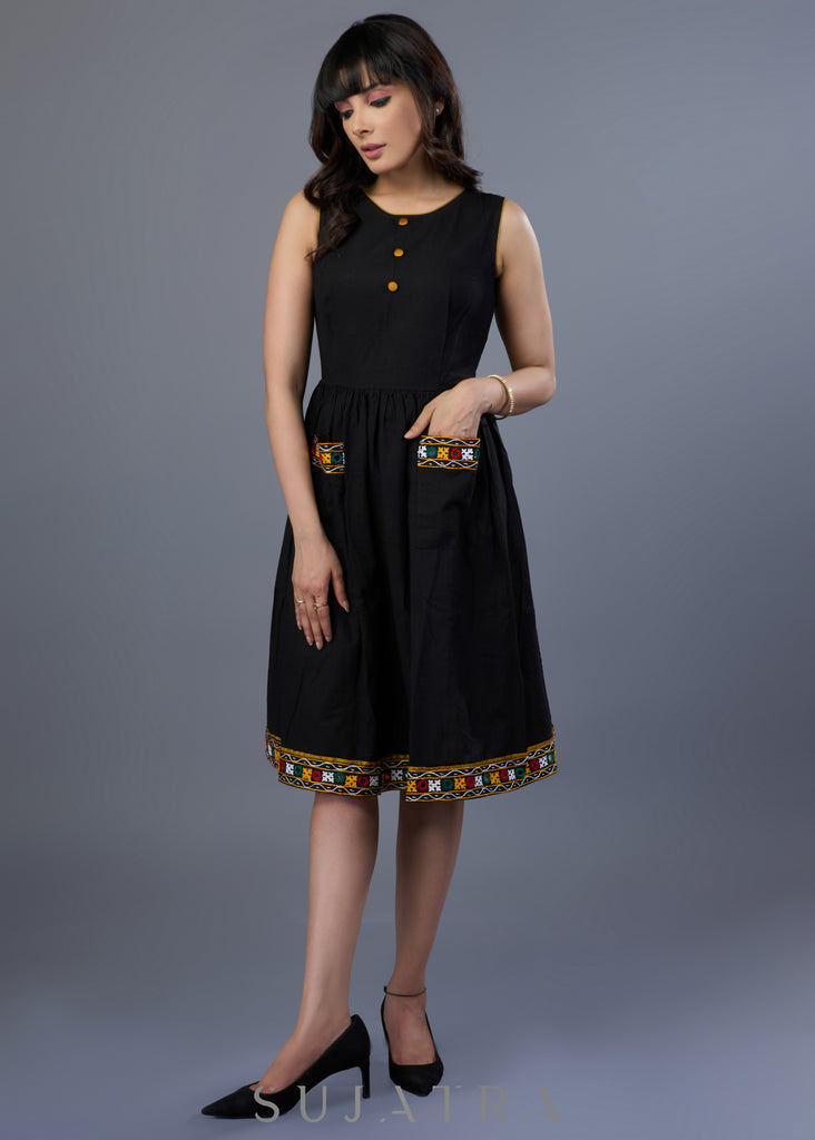 Beautiful Black Cotton Dress With Kutch Mirror Work Pocket