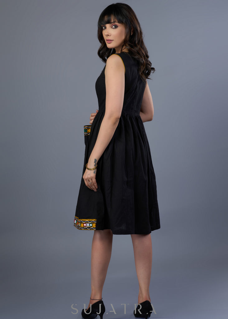 Beautiful Black Cotton Dress With Kutch Mirror Work Pocket