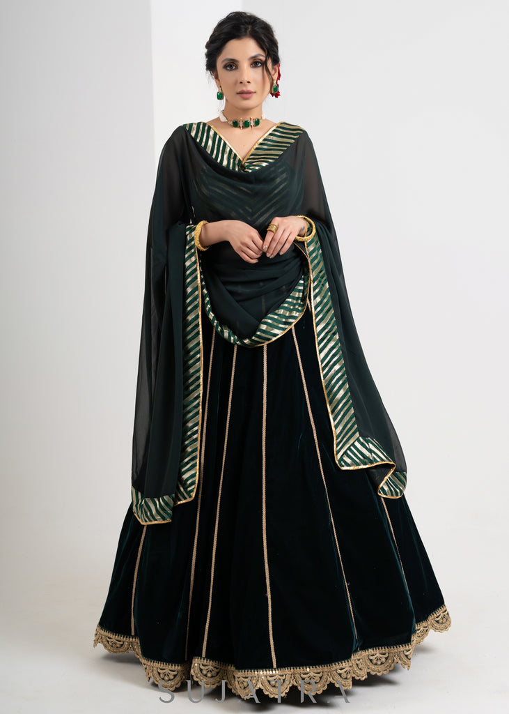 Classy Green Velvet Lehenga with brocade blouse & georgette dupatta with gold detailing