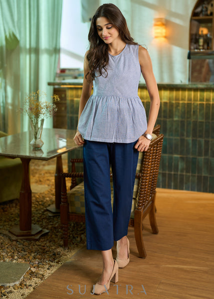 Casual blue striped cotton peplum top - Blue pant Optional
