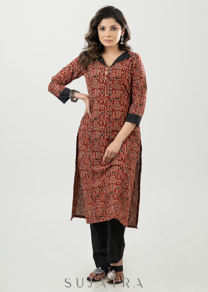 Stylish Maroon Cotton Ajrakh Miniature Animal Printed Kurta - Pant Optional