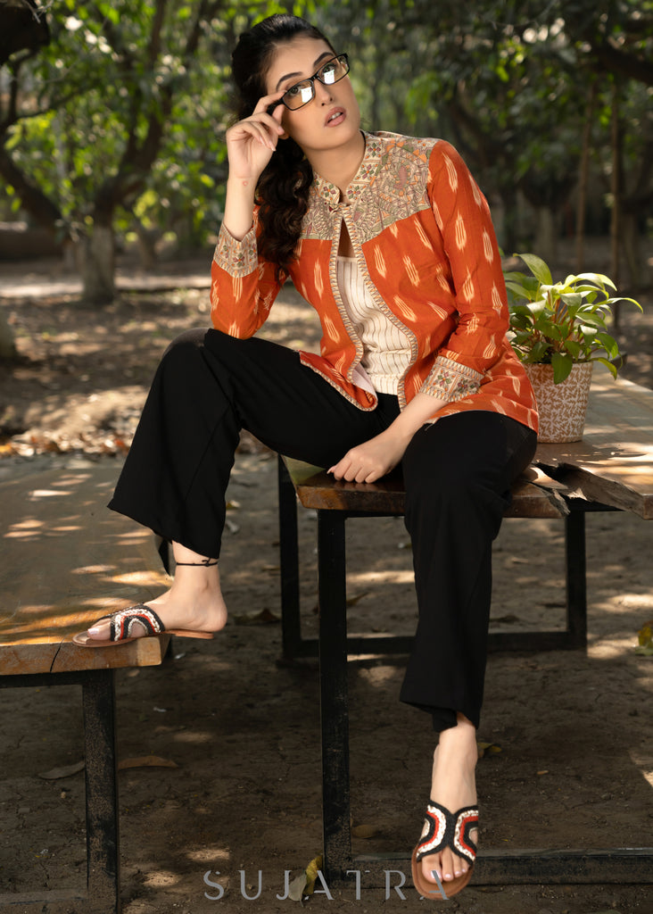 Elegant orange cotton ikat jacket with madhubani combination and optional embroidered inner