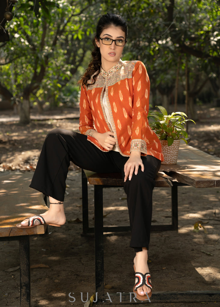 Elegant orange cotton ikat jacket with madhubani combination and optional embroidered inner
