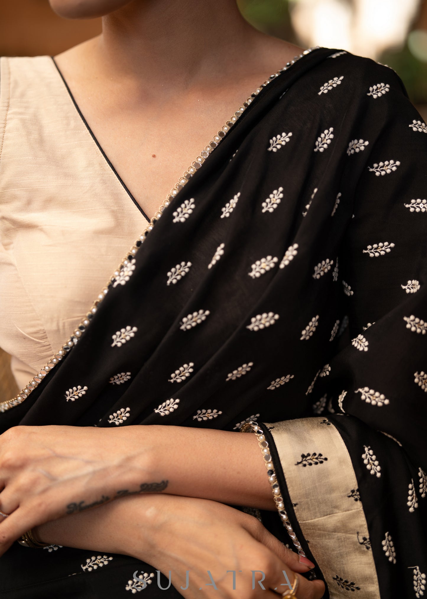 Elegant Black & Beige Combination Cotton Silk Saree With Overall Floral Motif Embroidery