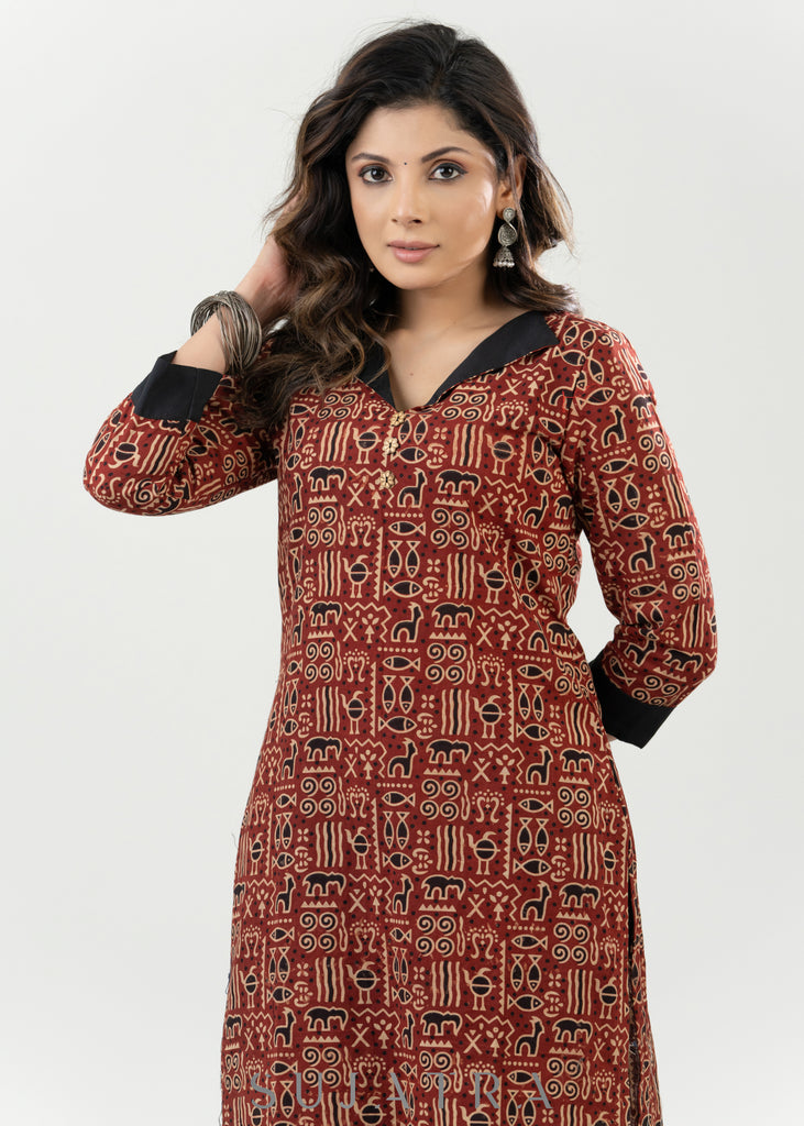 Stylish Maroon Cotton Ajrakh Miniature Animal Printed Kurta - Pant Optional