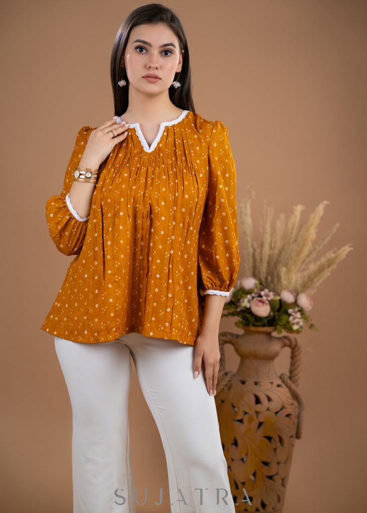 Stylish Mustard Rayon gathered top in bandhani print