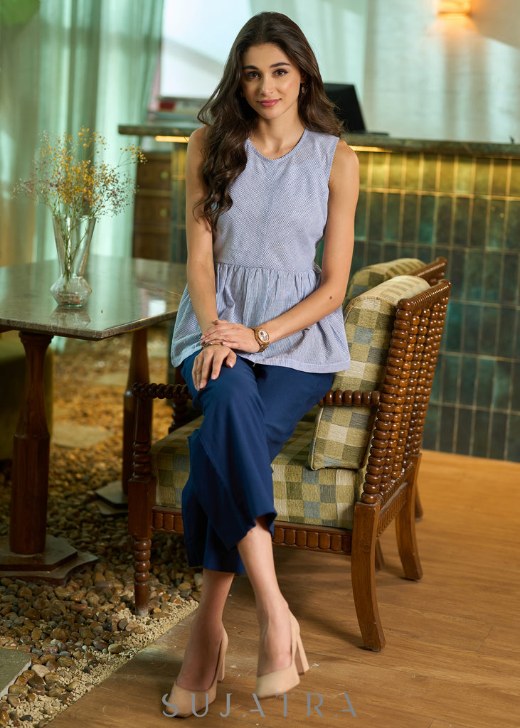 Casual blue striped cotton peplum top - Blue pant Optional