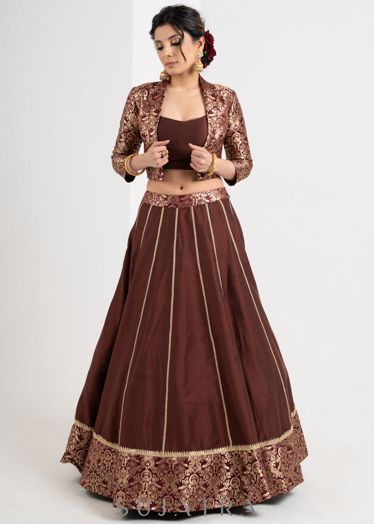 Trendy Brown Brocade Cotton Silk Combination Lehenga with Jacket