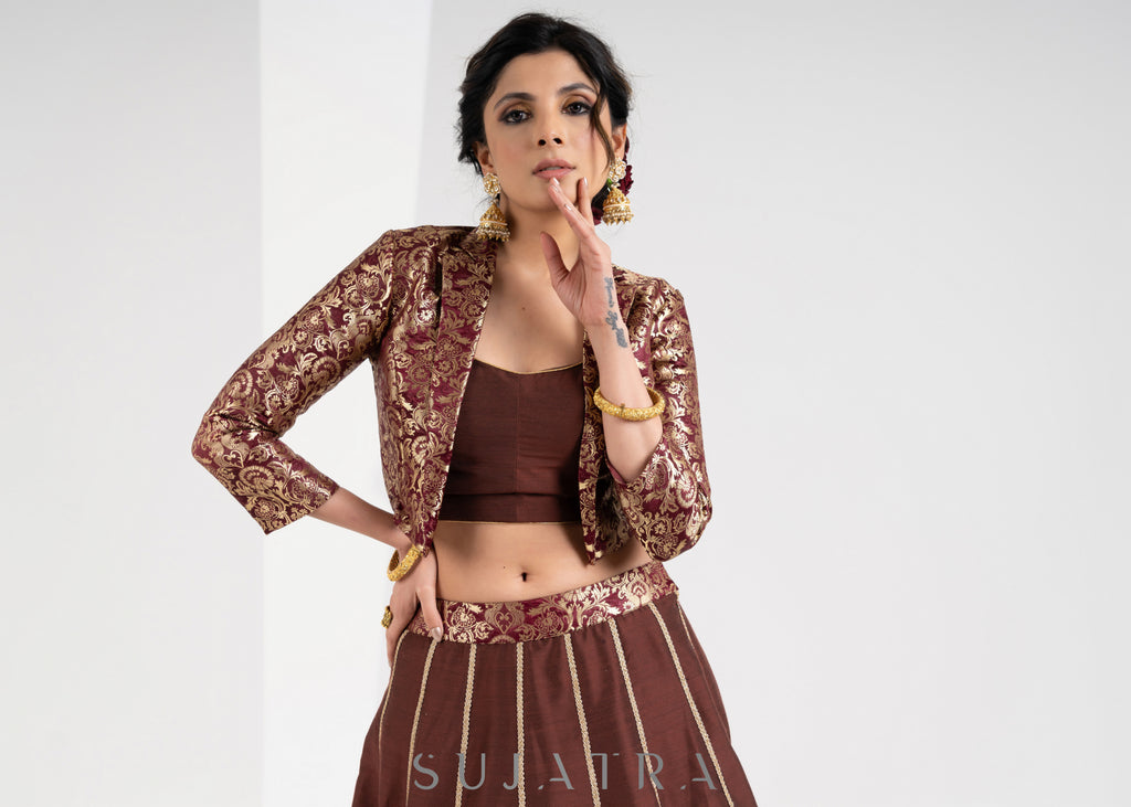 Trendy Brown Brocade Cotton Silk Combination Lehenga with Jacket