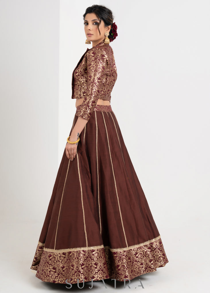 Trendy Brown Brocade Cotton Silk Combination Lehenga with Jacket