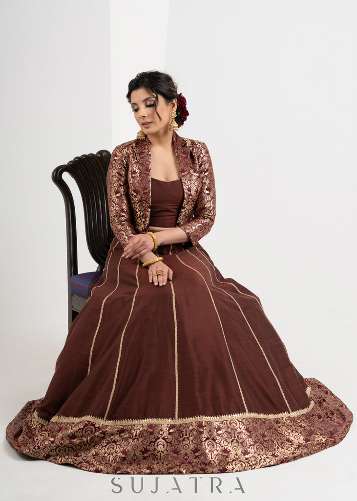 Trendy Brown Brocade Cotton Silk Combination Lehenga with Jacket